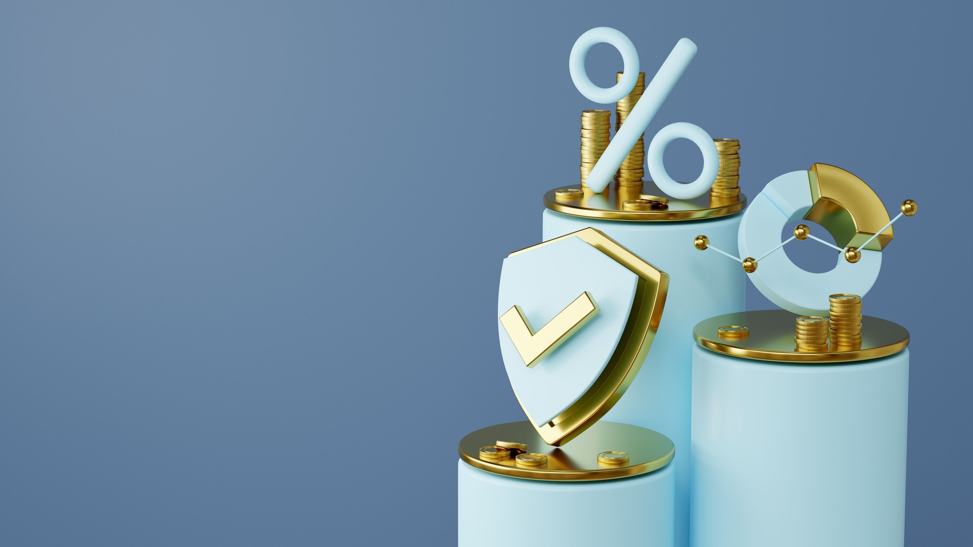 Finance and savings concept. Financial 3d symbols pink colored with gold color in accents on the three-level podium