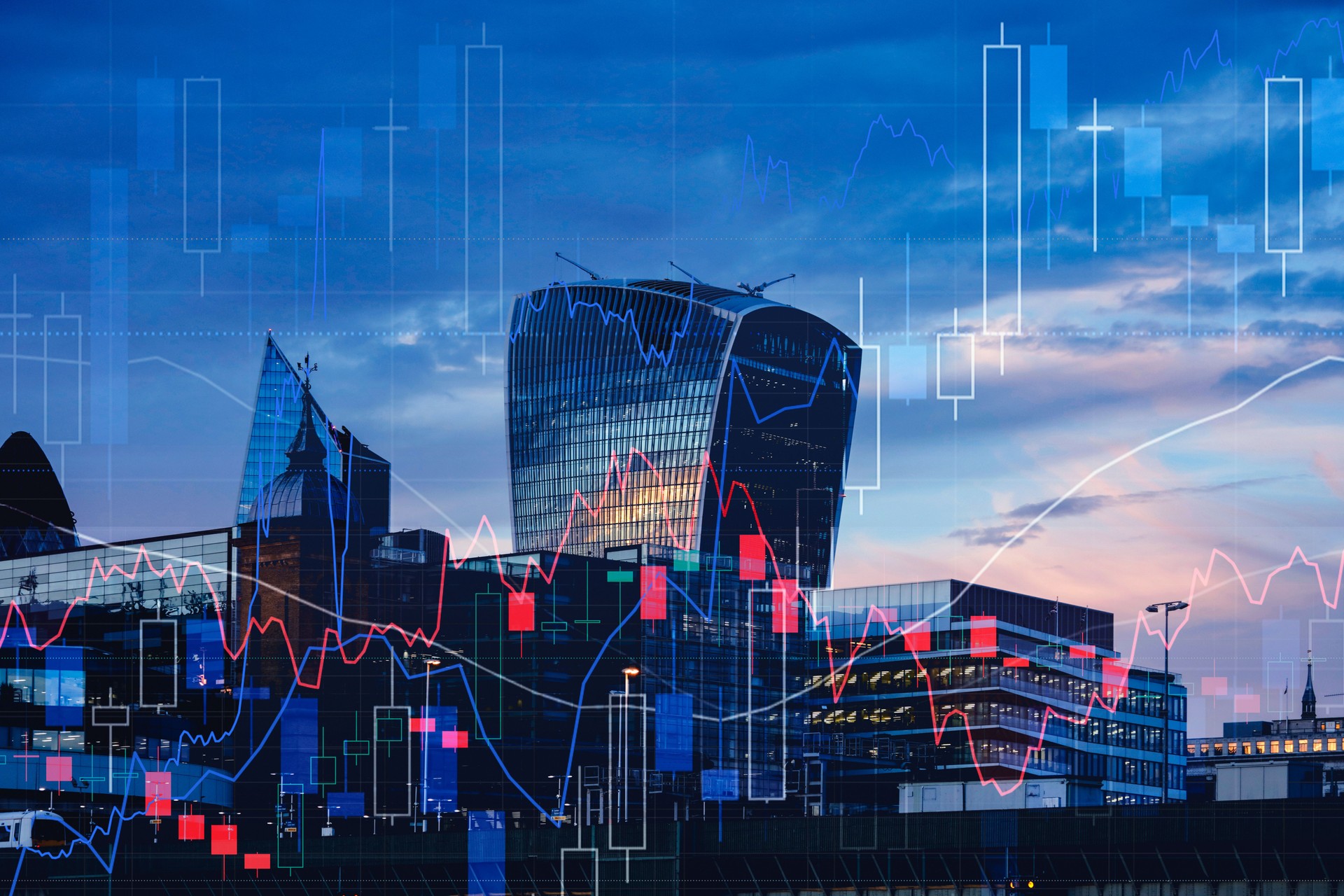 Stock market and investment theme background with city view
