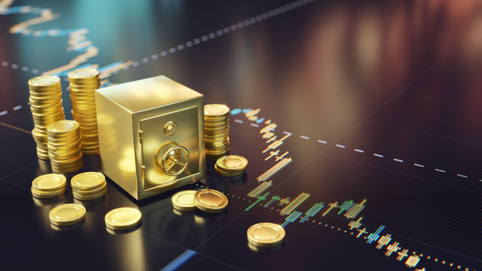 Golden Coins and Safe on Digital screen with Stock Market Chart