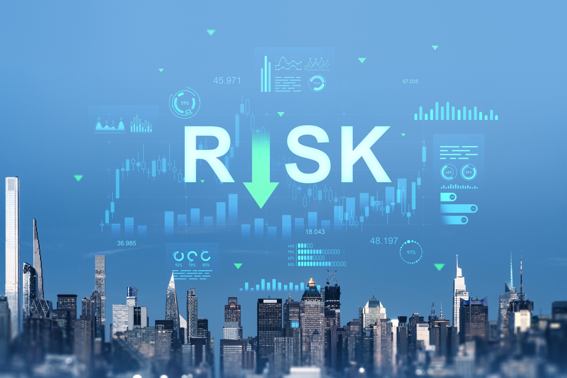 Risk management and investment analysis concept above New York Manhattan skyline with data graphics and financial indicators on blue background.
