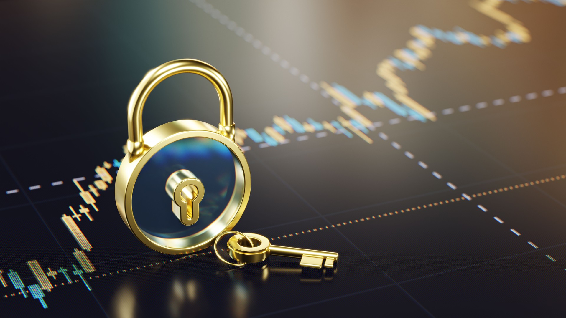 3d Golden Lock with a Key on Digital Display with Financial Graph Background