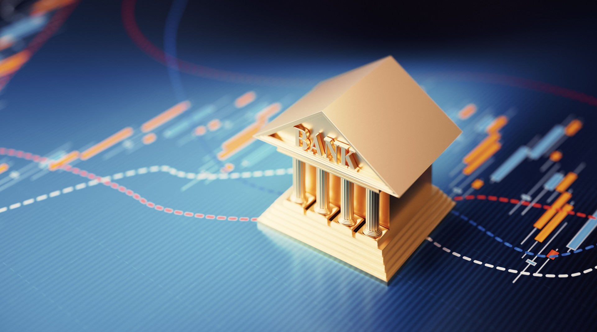 Gold Colored Bank Sitting over Bar Graph - Stock Market and Finance Concept