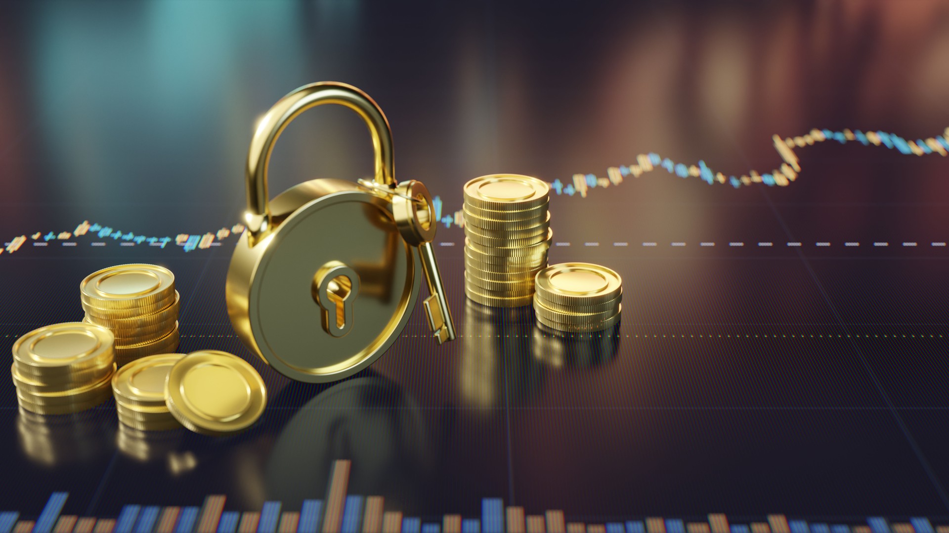 Golden Coins with Lock on Financial Graph Background