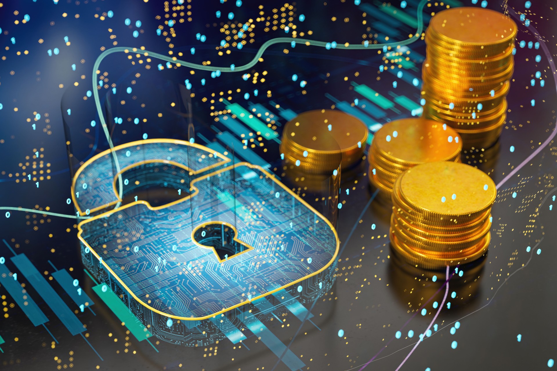 Cyber security. Data Network protection. Lock sign on digital cpu