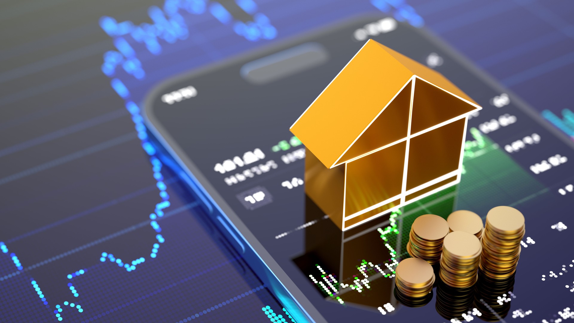Real estate Business Trends Graphs and charts. house sign and golden coins in stack